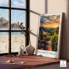 Willamette Valley Wall Art Print displayed in a bright room, showcasing vineyards and a serene landscape.