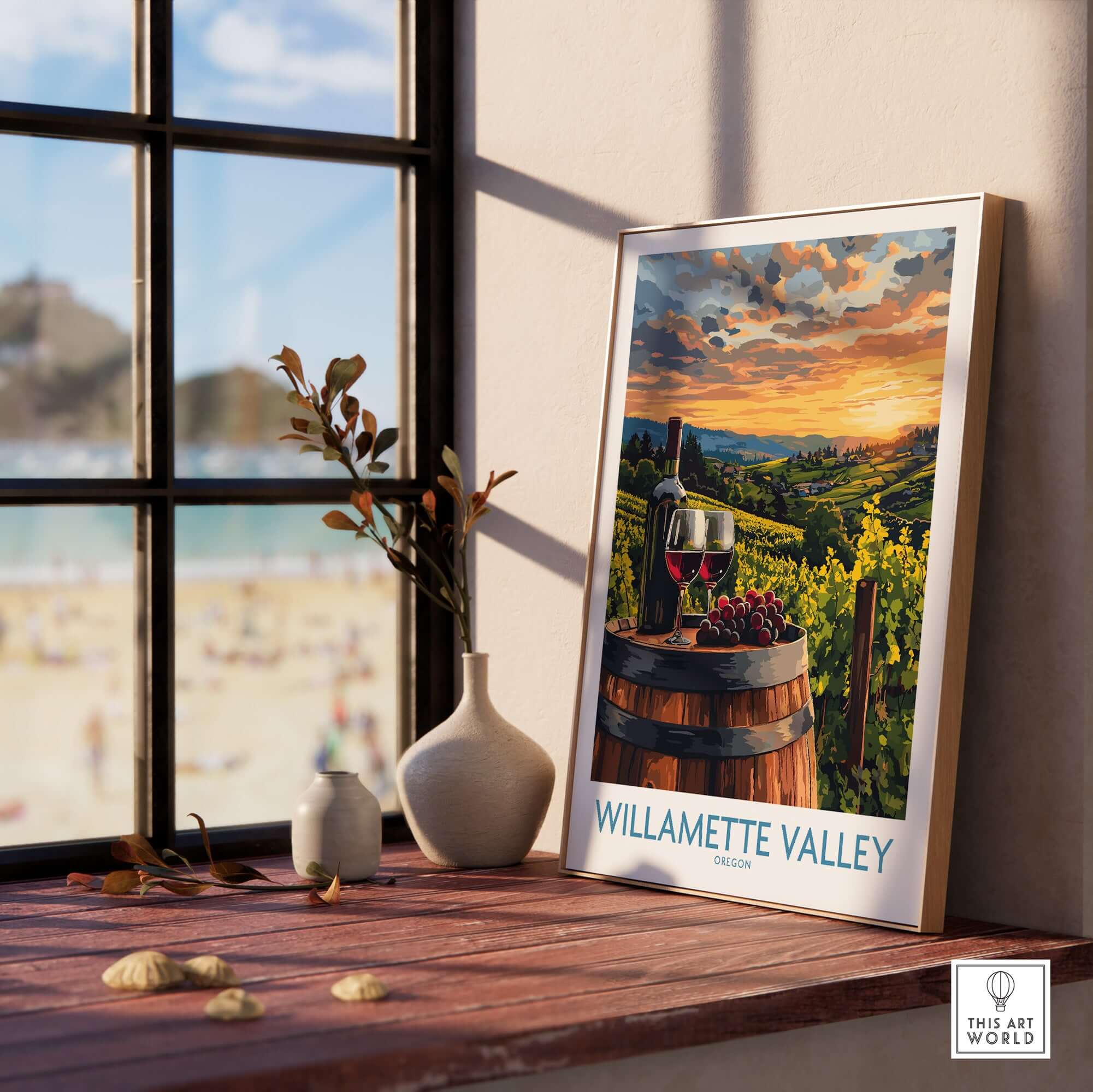 Willamette Valley Wall Art Print displayed in a bright room, showcasing vineyards and a serene landscape.