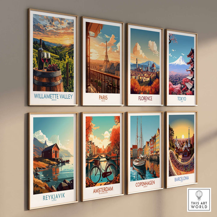 Collection of vibrant cityscape wall art prints including Willamette Valley, Paris, Florence, and more.