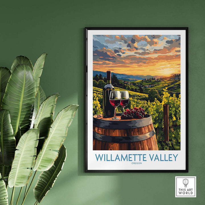 Willamette Valley wall art print featuring vineyards, sunset, and wine glasses, perfect for home decor.