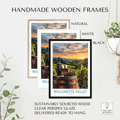 Willamette Valley Wall Art Print in handmade wooden frames, showcasing vineyards and serene landscape.