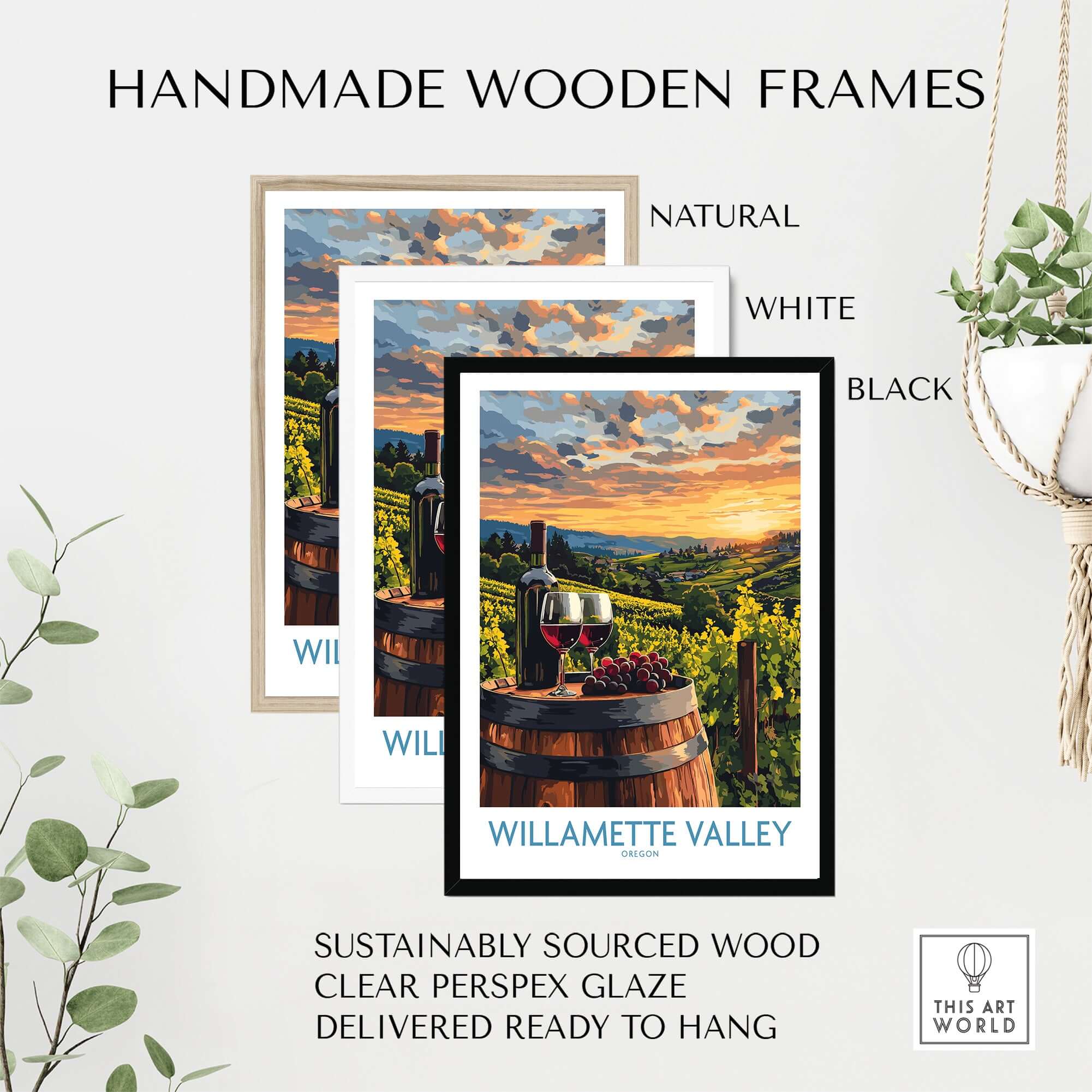 Willamette Valley Wall Art Print in handmade wooden frames, showcasing vineyards and serene landscape.