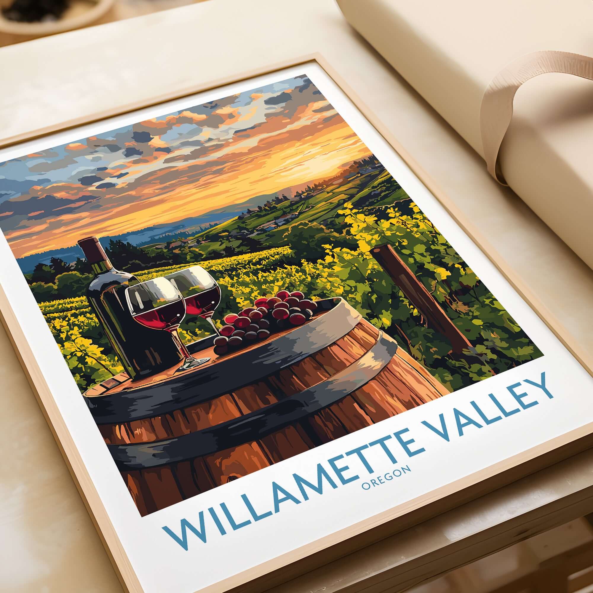 Willamette Valley Wall Art Print featuring vineyards and wine glasses at sunset.