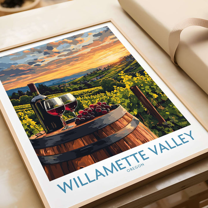 Willamette Valley wall art print featuring vineyards, sunset, wine glasses, and grapes in a serene landscape.