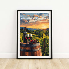 Willamette Valley Wall Art featuring a serene vineyard scene with wine and grapes at sunset.