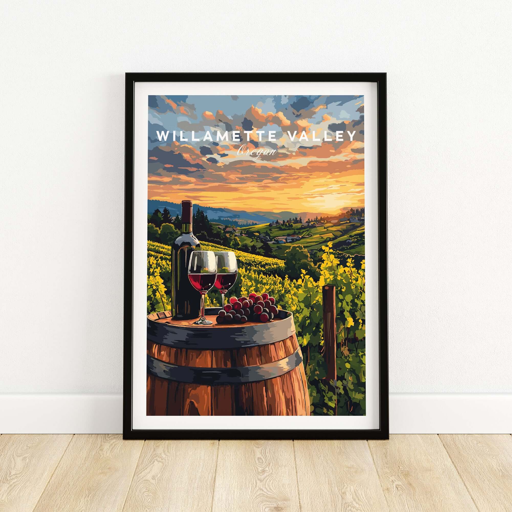 Willamette Valley Wall Art featuring a serene vineyard scene with wine and grapes at sunset.