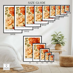 William Morris Art Prints - Peony Blooms Art Print - Orange Cream Floral Poster size guide with various dimensions.