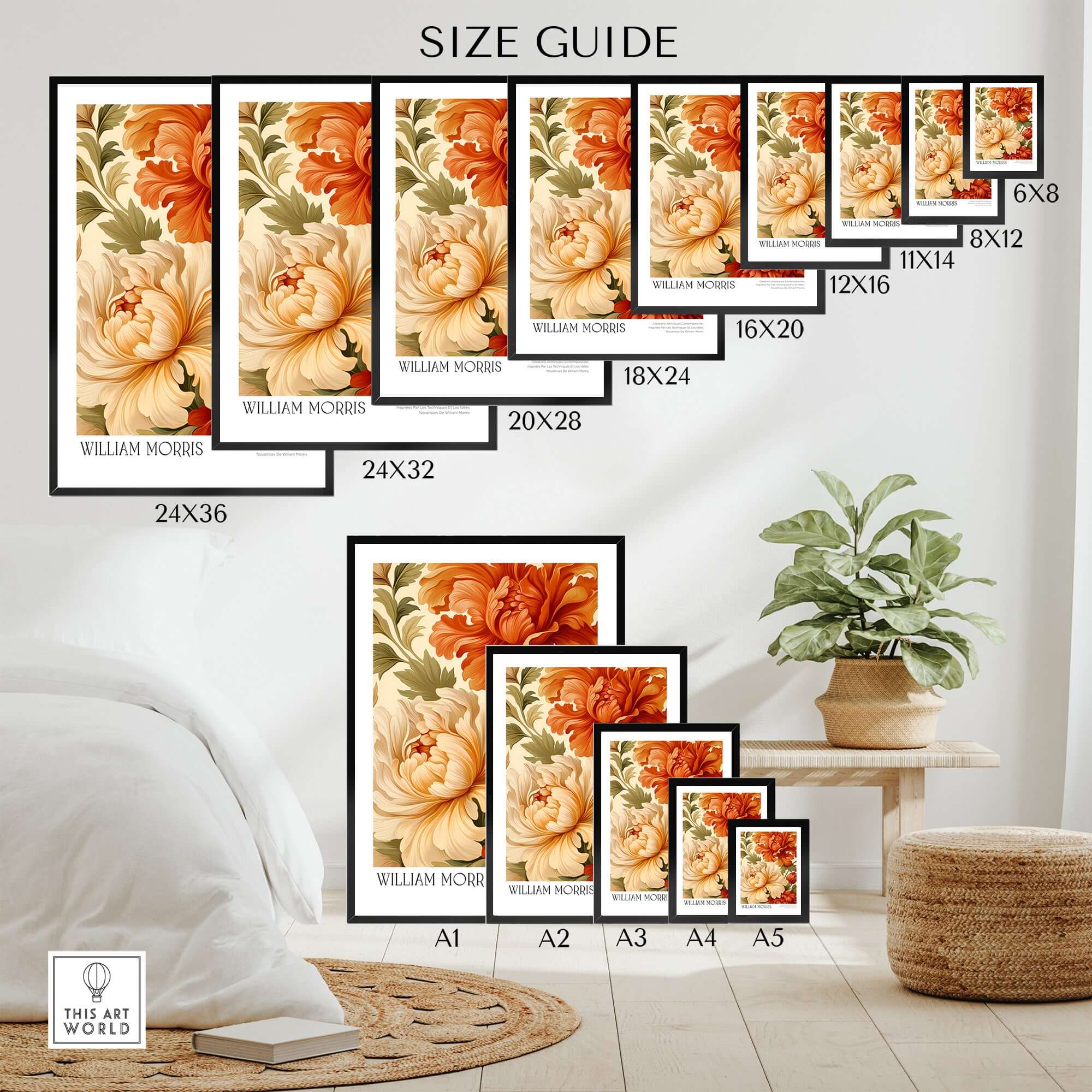 William Morris Art Prints - Peony Blooms Art Print - Orange Cream Floral Poster size guide with various dimensions.