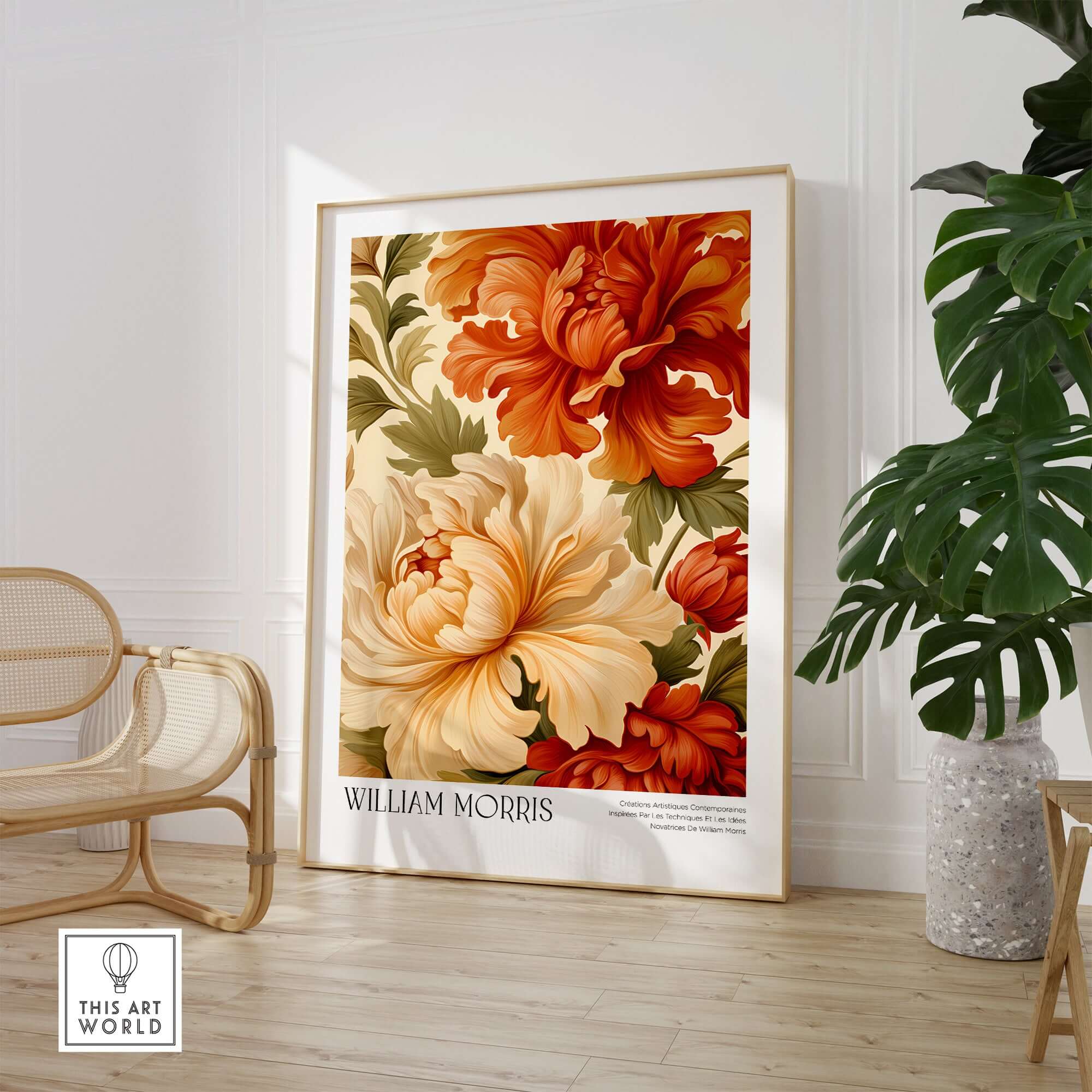 William Morris Art Prints - Peony Blooms Art Print - Orange Cream Floral Poster displayed in a stylish interior setting.