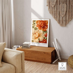 William Morris Art Prints - Peony Blooms Art Print - Orange Cream Floral Poster displayed in a cozy living room.