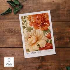 William Morris Art Prints - Peony Blooms Art Print - Orange Cream Floral Poster on rustic wooden background.