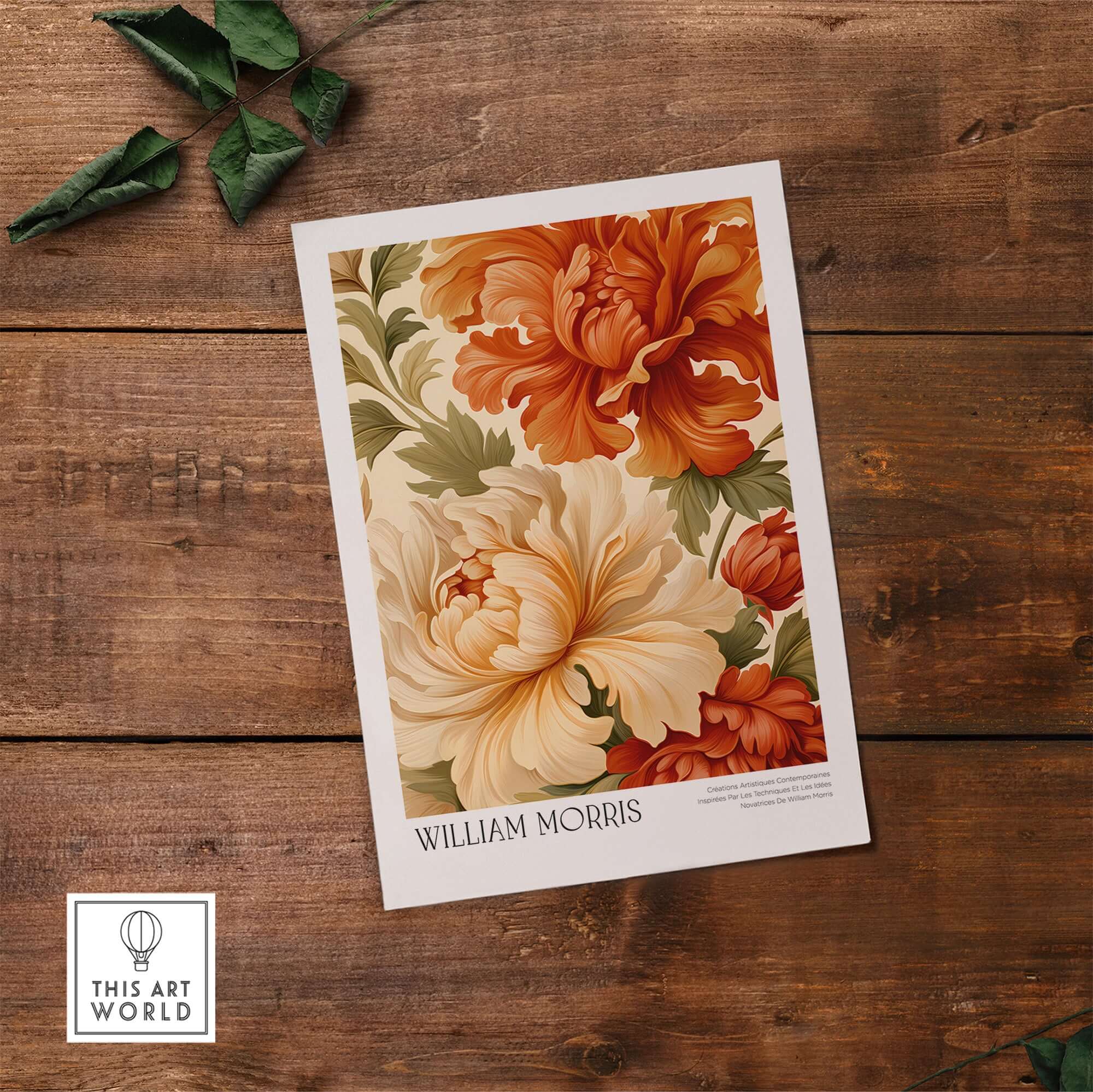 William Morris Art Prints - Peony Blooms Art Print - Orange Cream Floral Poster on rustic wooden background.