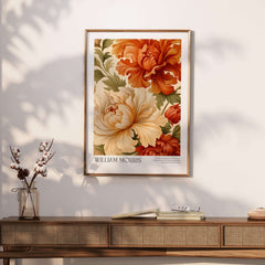 William Morris Art Prints - Peony Blooms Art Print - Orange Cream Floral Poster displayed on a wall with floral decor.