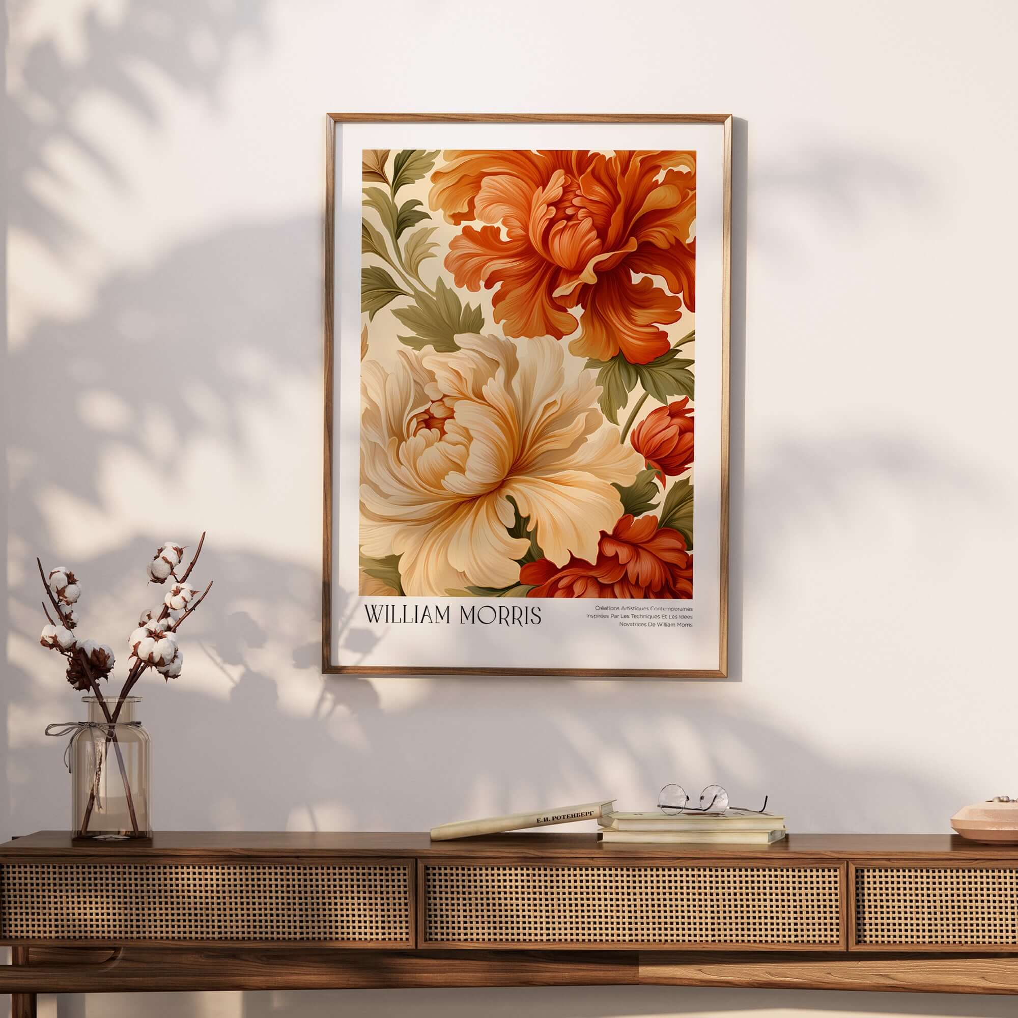 William Morris Art Prints - Peony Blooms Art Print - Orange Cream Floral Poster displayed on a wall with floral decor.