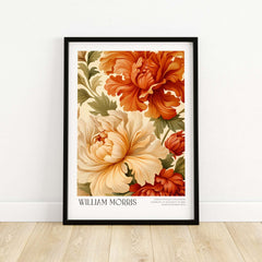 William Morris Art Prints - Peony Blooms Art Print - Orange Cream Floral Poster framed on a wall with large floral blooms.