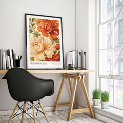 William Morris Art Prints - Peony Blooms Art Print - Orange Cream Floral Poster displayed in a modern workspace.