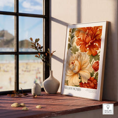 William Morris Art Prints - Peony Blooms Art Print - Orange Cream Floral Poster displayed in a bright room with a beach view.