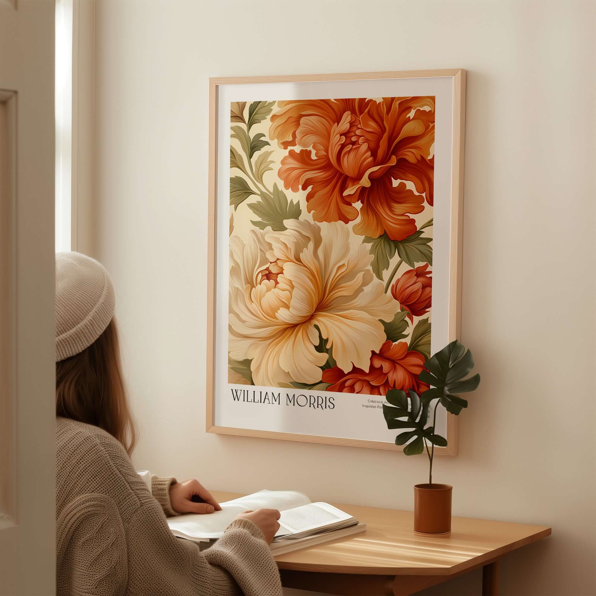 William Morris Art Prints - Peony Blooms Art Print - Orange Cream Floral Poster on a wall with a person reading.
