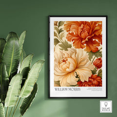 William Morris Art Prints - Peony Blooms Art Print - Orange Cream Floral Poster displayed on a green wall.