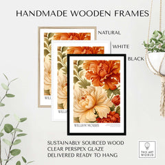 William Morris Art Prints - Peony Blooms Art Print - Orange Cream Floral Poster displayed in handmade wooden frames.