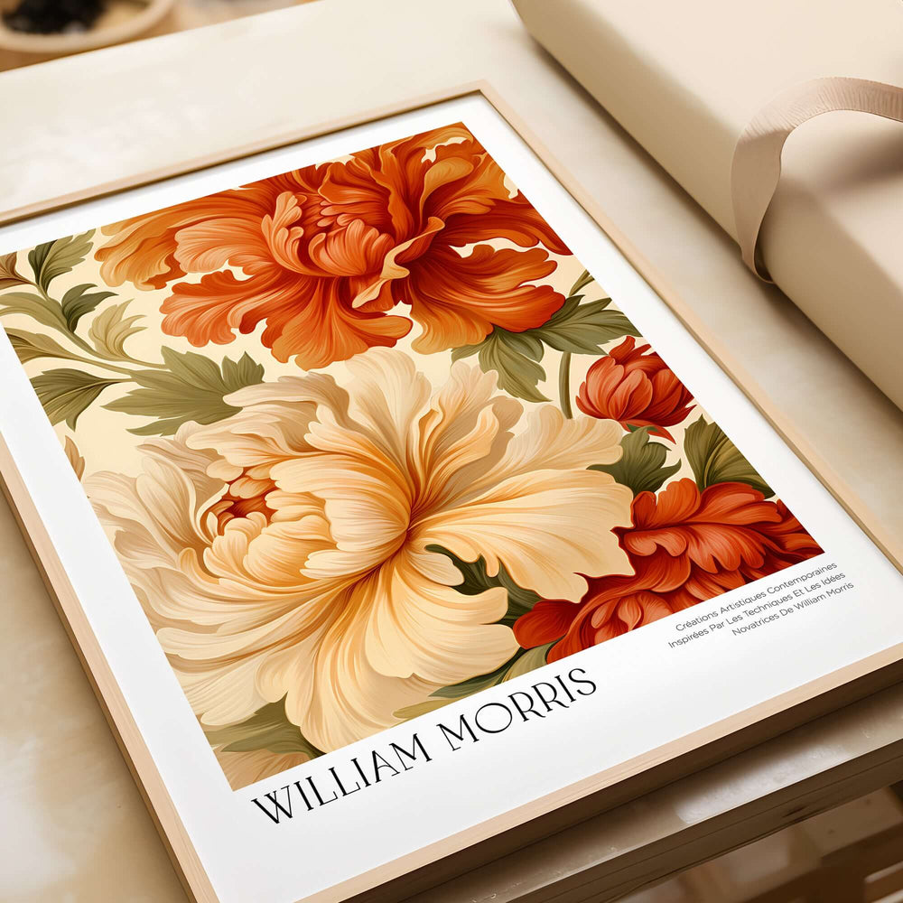 William Morris Art Prints - Peony Blooms Art Print - Orange Cream Floral Poster featuring vibrant botanical designs.