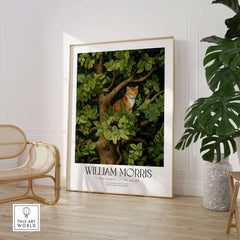 William Morris Ginger Cat in Tree Botanical Art Print - Foliage Poster displayed in a modern living room setting.