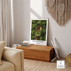 William Morris Ginger Cat in Tree Botanical Art Print - Foliage Poster displayed in a stylish interior setting.