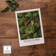 William Morris Ginger Cat in Tree Botanical Art Print - Foliage Poster featuring cat in lush foliage.