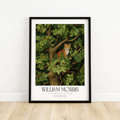 William Morris Ginger Cat in Tree Botanical Art Print - Foliage Poster featuring a cat and lush foliage.