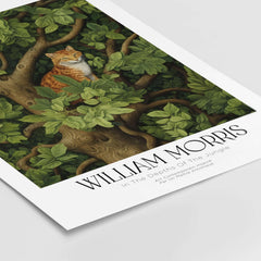 William Morris Ginger Cat in Tree Botanical Art Print - Foliage Poster featuring a ginger cat among lush green foliage.