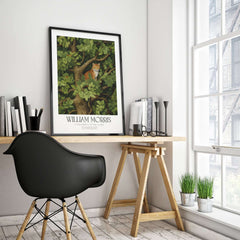 William Morris Ginger Cat in Tree Botanical Art Print - Foliage Poster displayed in modern home office setting.