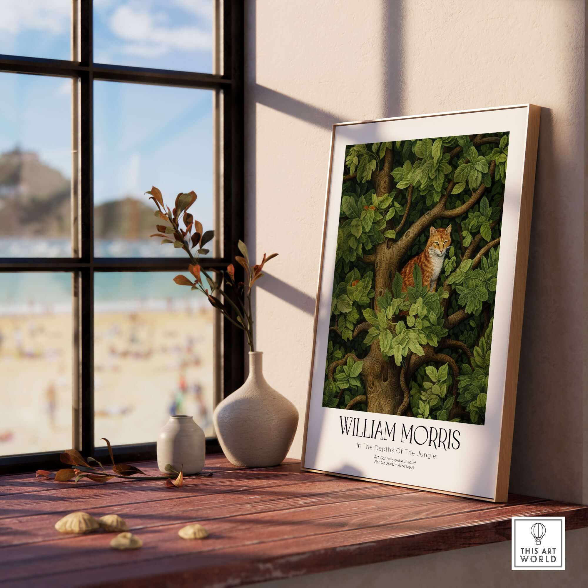 William Morris Ginger Cat in Tree Botanical Art Print - Foliage Poster displayed on a sunny windowsill.