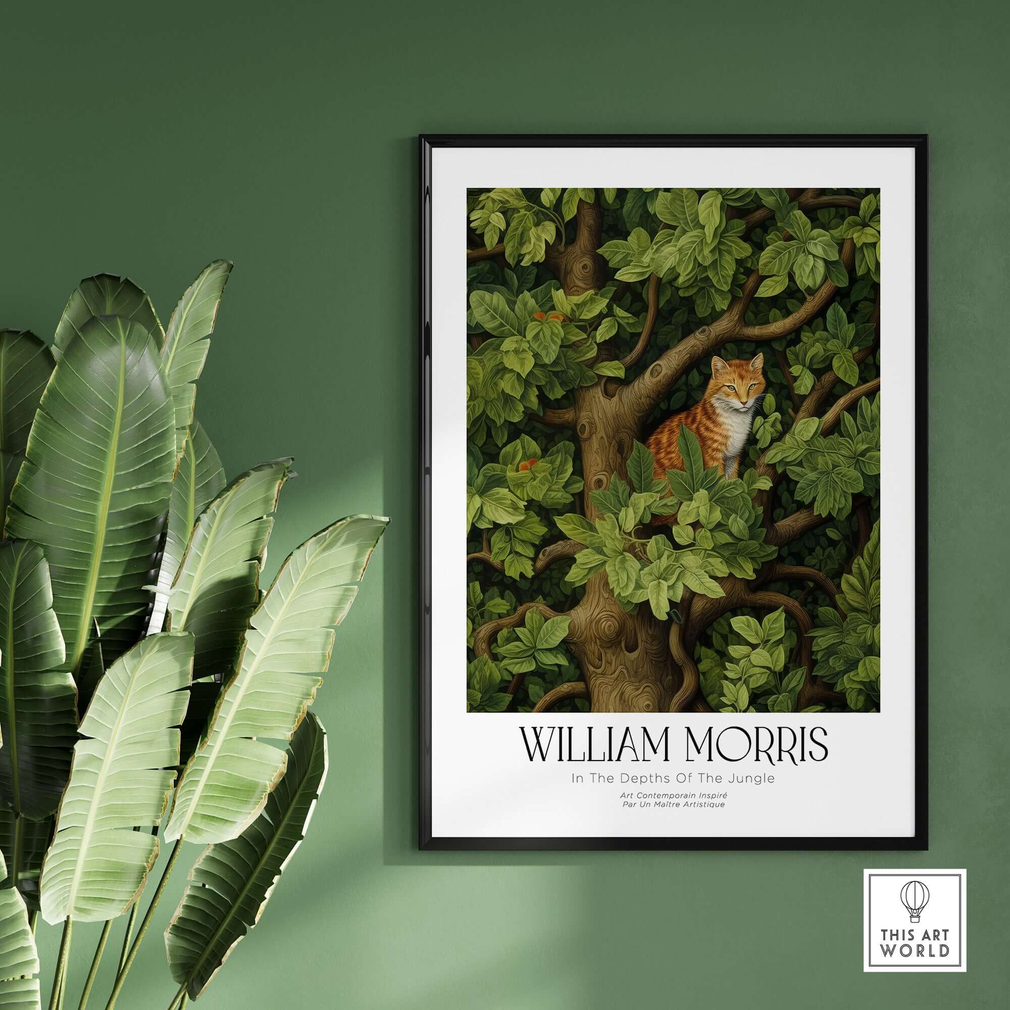 William Morris Ginger Cat in Tree Botanical Art Print - Foliage Poster in a home setting with lush greenery.