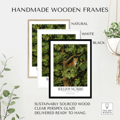 William Morris Ginger Cat in Tree Botanical Art Print - Foliage Poster framed in various colors with handmade wooden frames.