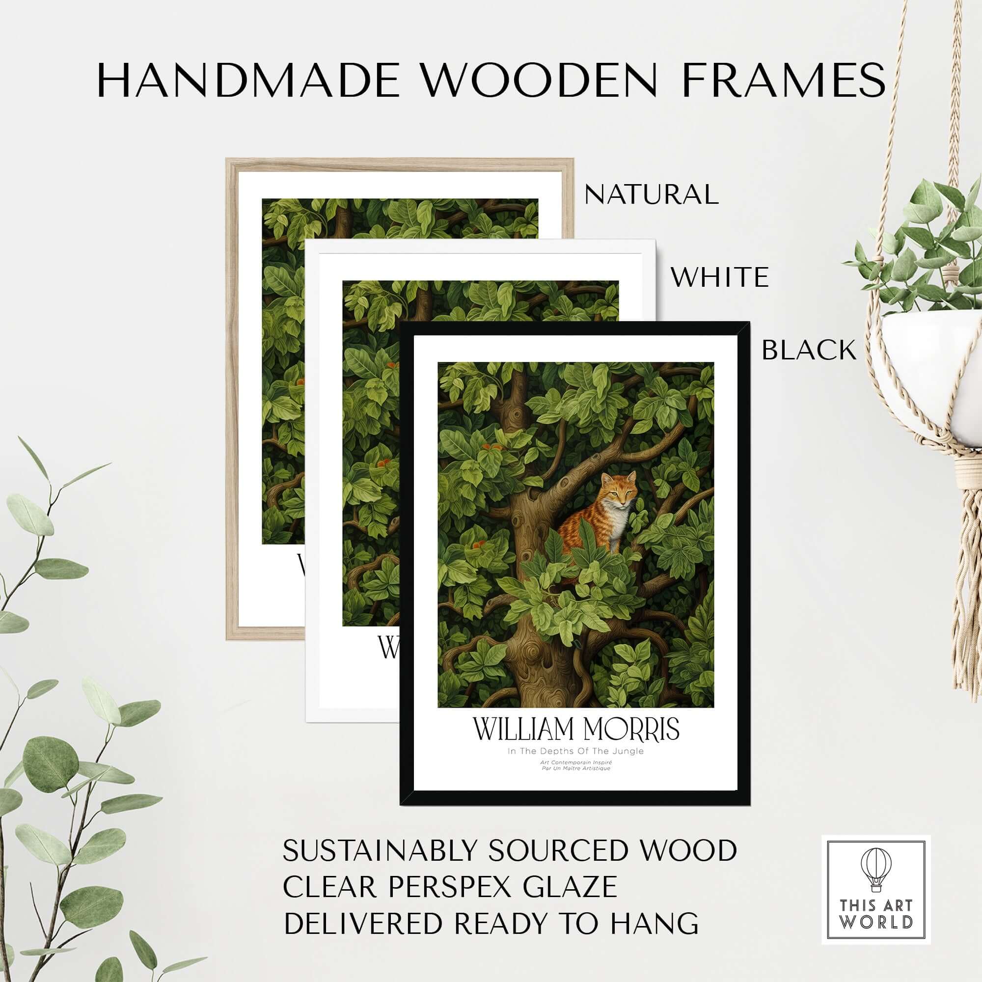 William Morris Ginger Cat in Tree Botanical Art Print - Foliage Poster framed in various colors with handmade wooden frames.