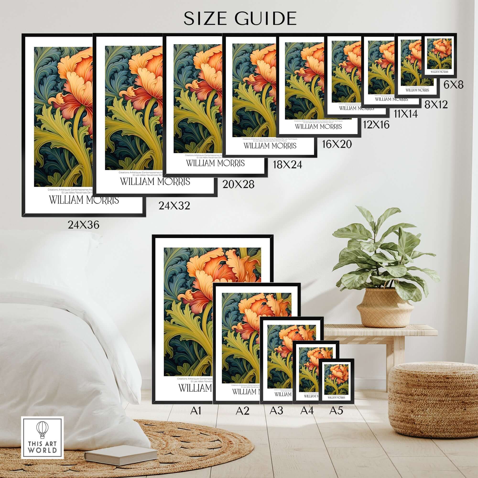 William Morris Orange Bloom Swirling Leaves Art Print - Botanical Poster size guide with various dimensions displayed.