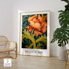 William Morris Orange Bloom Swirling Leaves Art Print - Botanical Poster showcasing vibrant orange flower and swirling leaves.