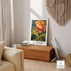 William Morris Orange Bloom Swirling Leaves Art Print - Botanical Poster displayed in a stylish interior setting.