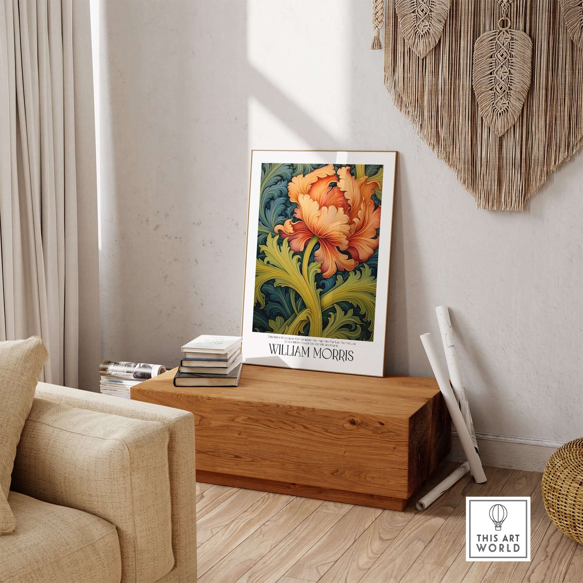 William Morris Orange Bloom Swirling Leaves Art Print - Botanical Poster displayed in a stylish interior setting.
