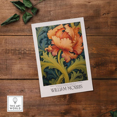 William Morris Orange Bloom Swirling Leaves Art Print - Botanical Poster on wooden background