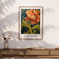 William Morris Orange Bloom Swirling Leaves Art Print - Botanical Poster displayed in a stylish interior setting.