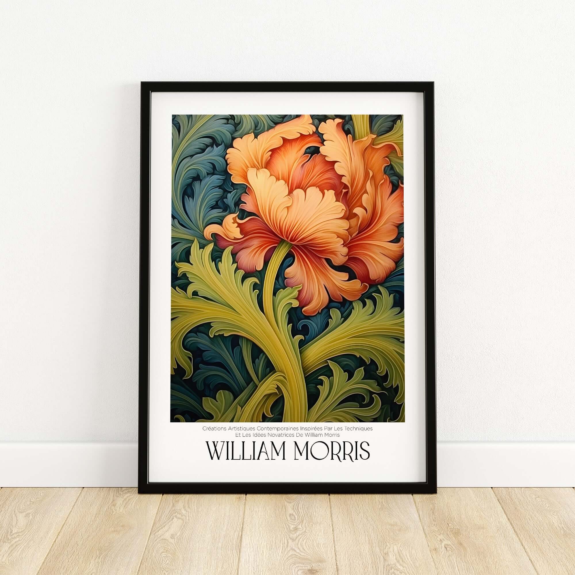 William Morris Orange Bloom Swirling Leaves Art Print - Botanical Poster featuring vibrant orange flower and green leaves.