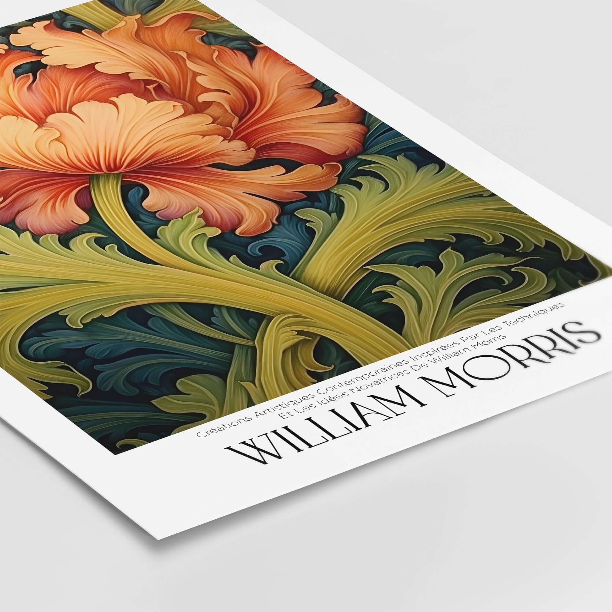 William Morris Orange Bloom Swirling Leaves Art Print - Botanical Poster featuring vibrant orange bloom and swirling leaves.