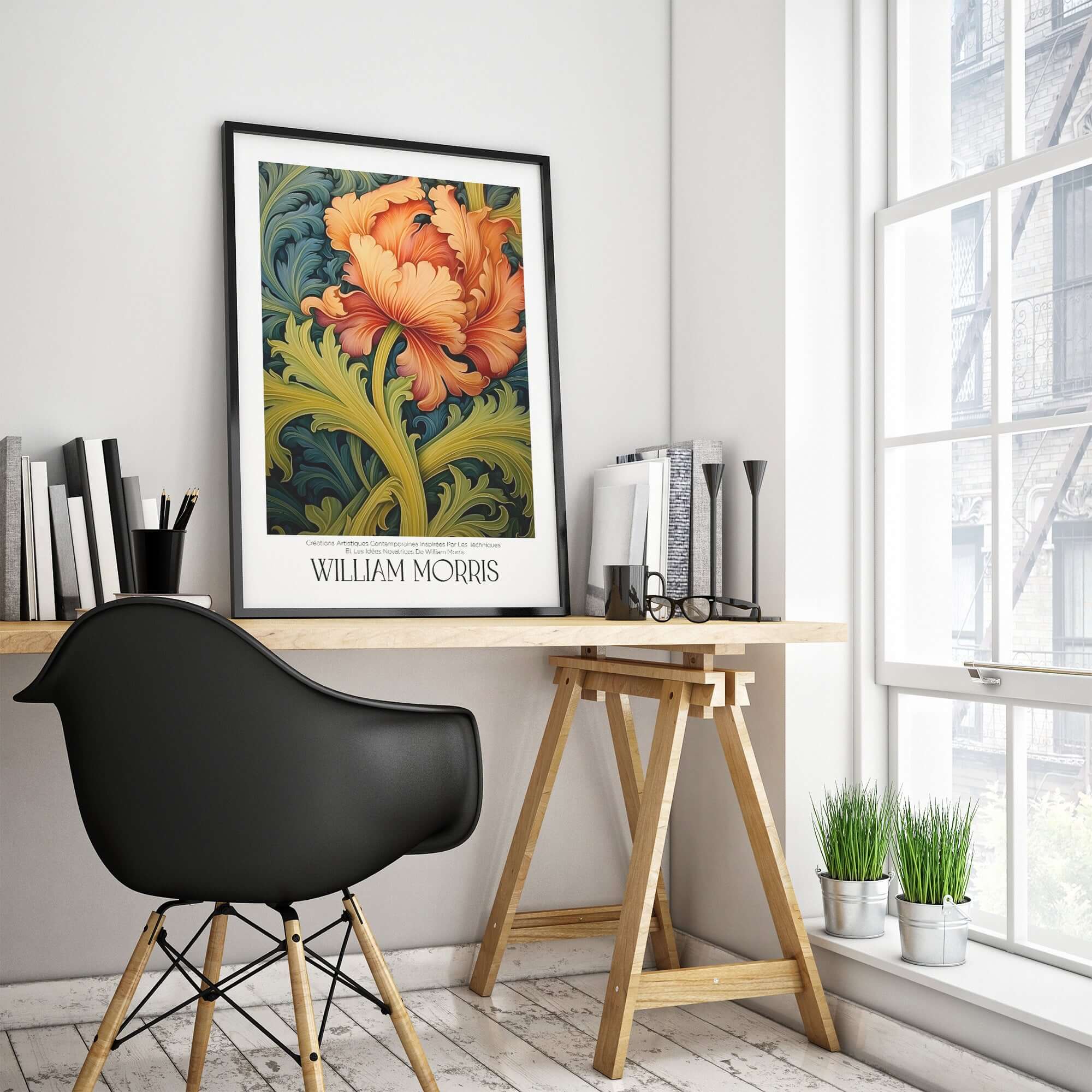 William Morris Orange Bloom Swirling Leaves Art Print - Botanical Poster displayed in modern interior with desk.