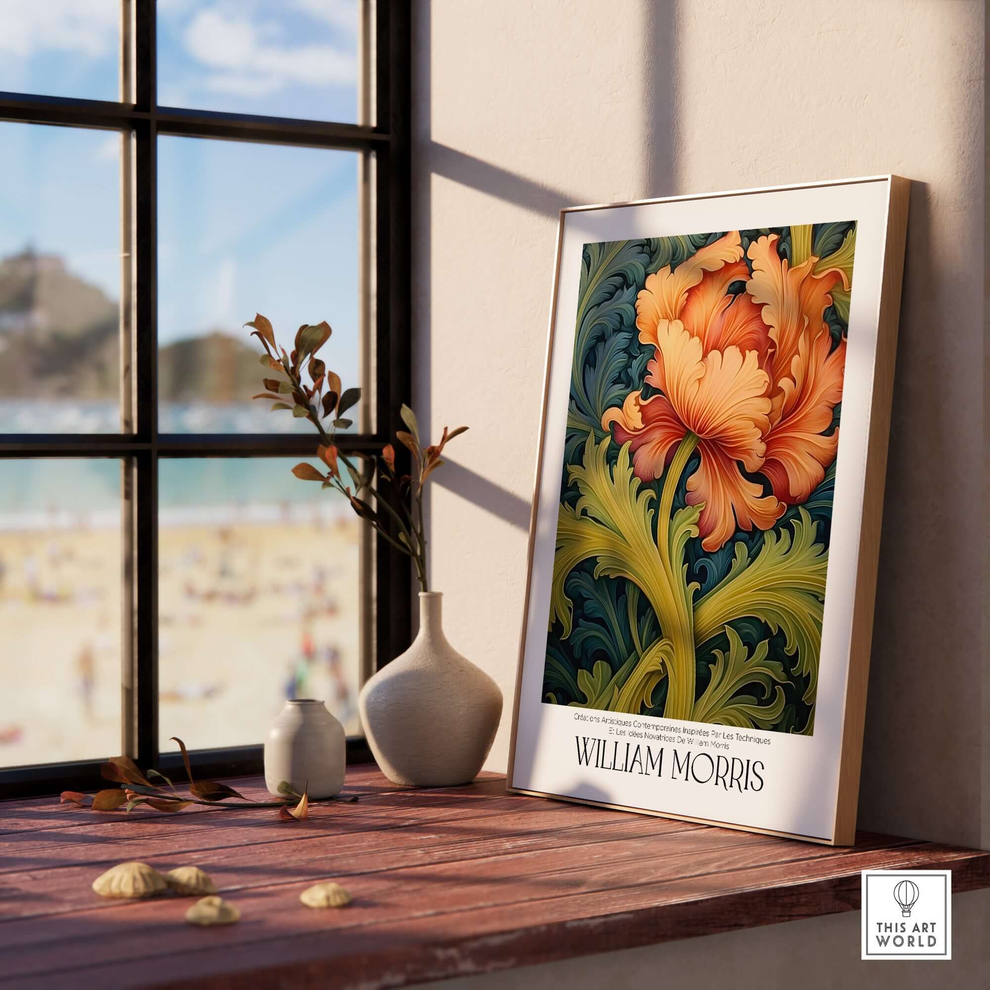 William Morris Orange Bloom Swirling Leaves Art Print - Botanical Poster displayed on a wooden shelf with beach view.