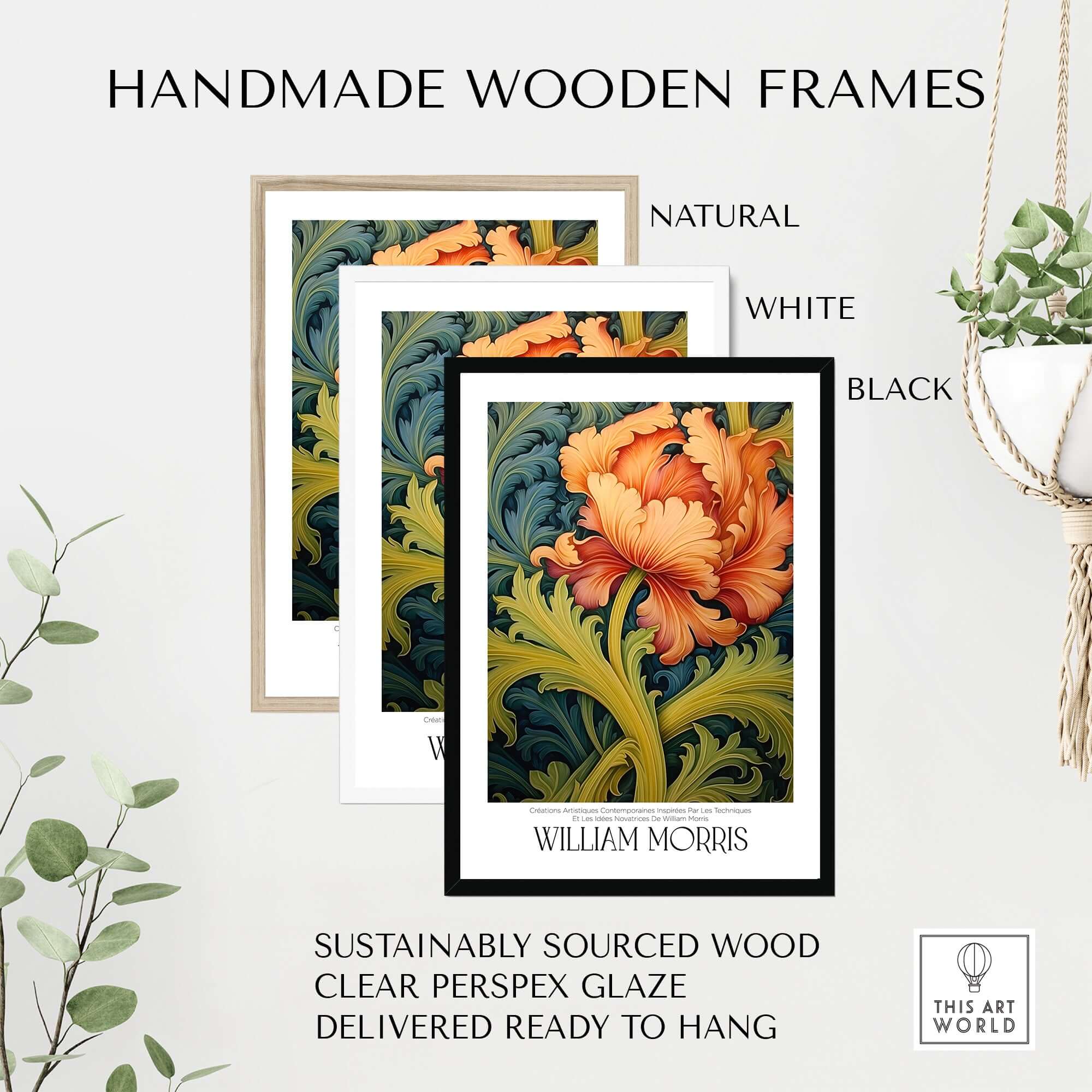 William Morris Orange Bloom Swirling Leaves Art Print - Botanical Poster with handmade wooden frames in natural, white, and black.