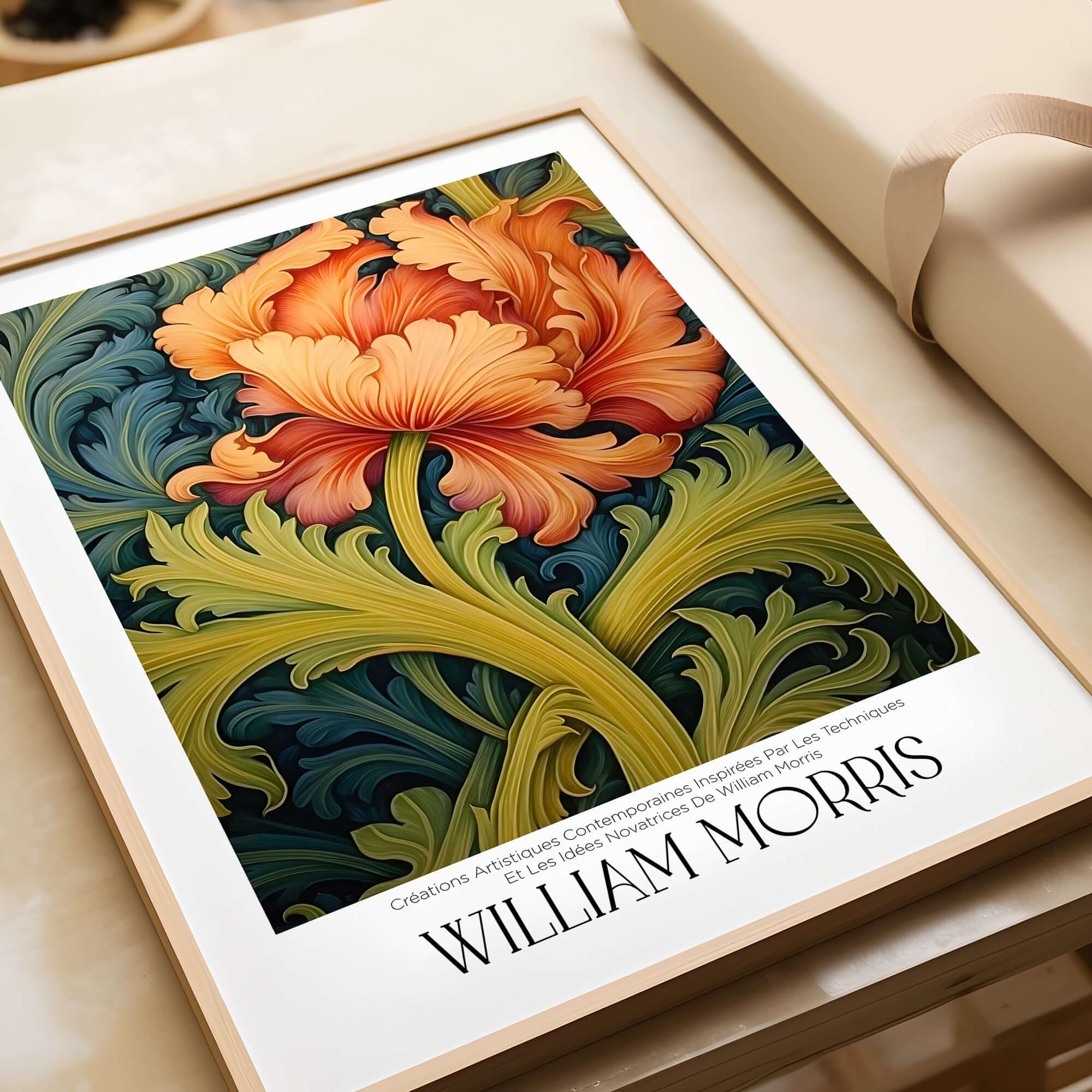 William Morris Orange Bloom Swirling Leaves Art Print - Botanical Poster featuring vibrant orange flower and swirling leaves.