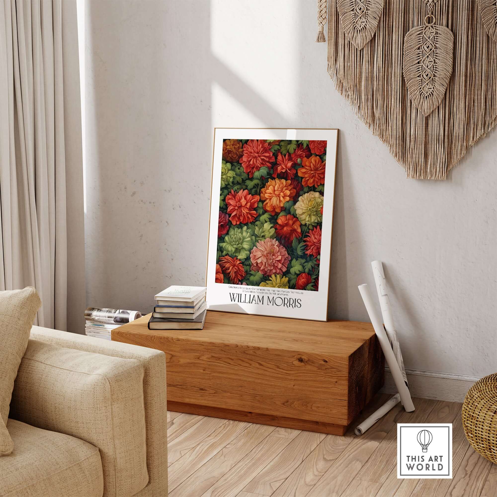 William Morris Prints - Abundant Floral Bloom Art Print - Colourful Botanical Poster displayed in a stylish interior setting.