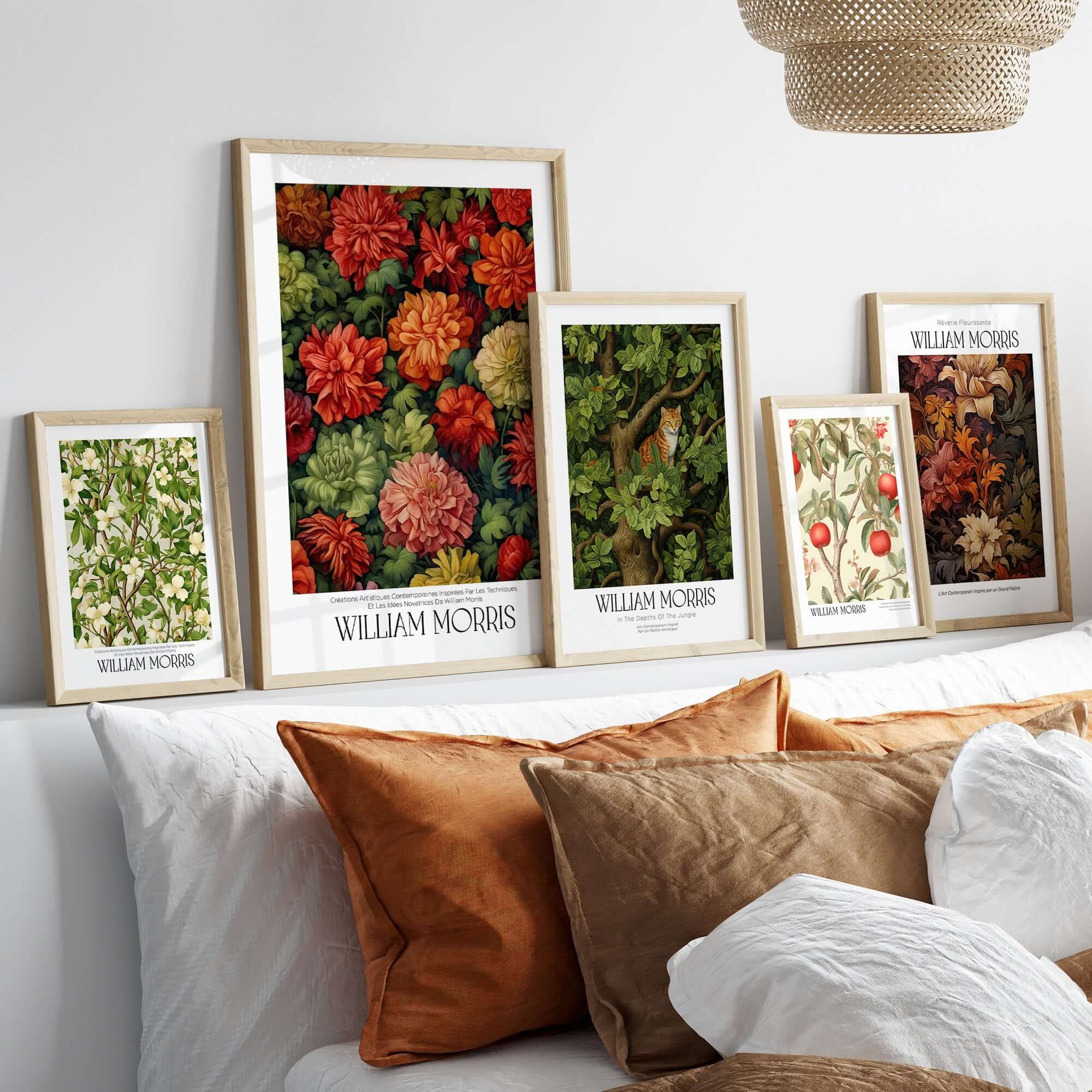 William Morris Prints - Abundant Floral Bloom Art Print - Colourful Botanical Poster displayed on a cozy sofa.