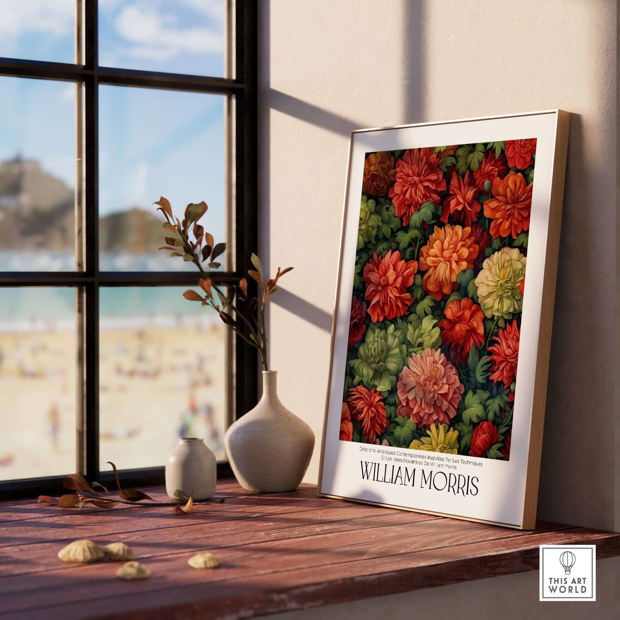 William Morris Prints - Abundant Floral Bloom Art Print - Colourful Botanical Poster displayed in a bright room.